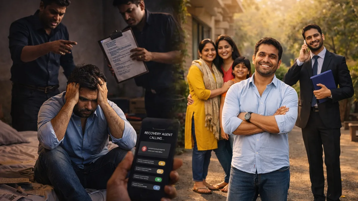 Indian borrower facing aggressive digital lending notices with a debt relief scene